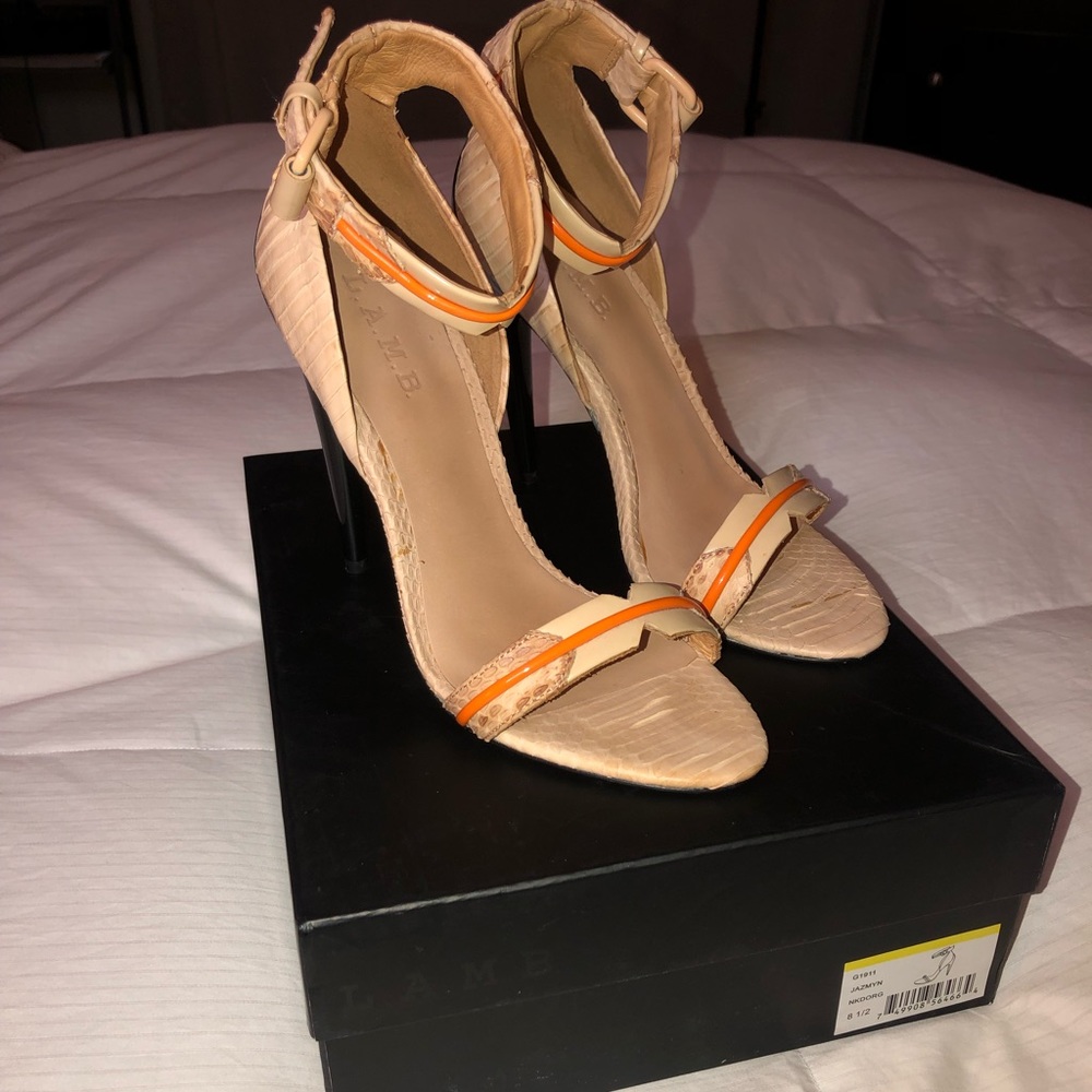 L.A.M.B. Jazmyn Ankle-Strap Sandal — Worn once inside, extra heel enforcements.